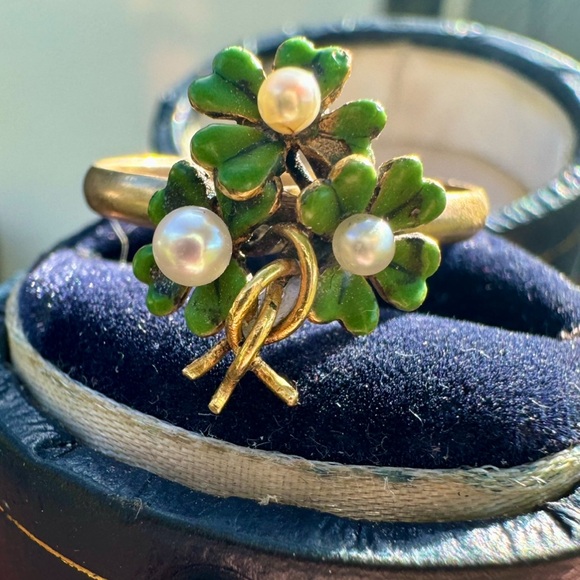 Rare!! Antique solid 10k  pin conversion  4 leaf clover genuine seed pearl ring - Picture 4 of 16